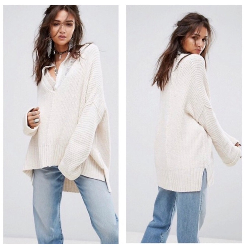 Free People Oversized V-Neck Knit Sweater Cream Ivory M/L Boho Slouchy Pullover